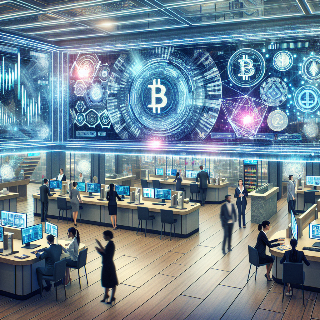 1. Visualize a futuristic bank setting with digita...